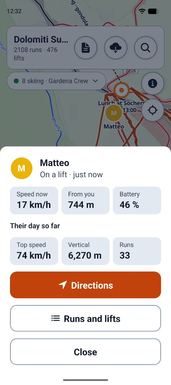 Matteo’s card: on a lift just now, 17 km/h, 744 m from you, battery 46 %, and his day so far: top speed 74 km/h, 6,270 m of vertical, 33 runs.